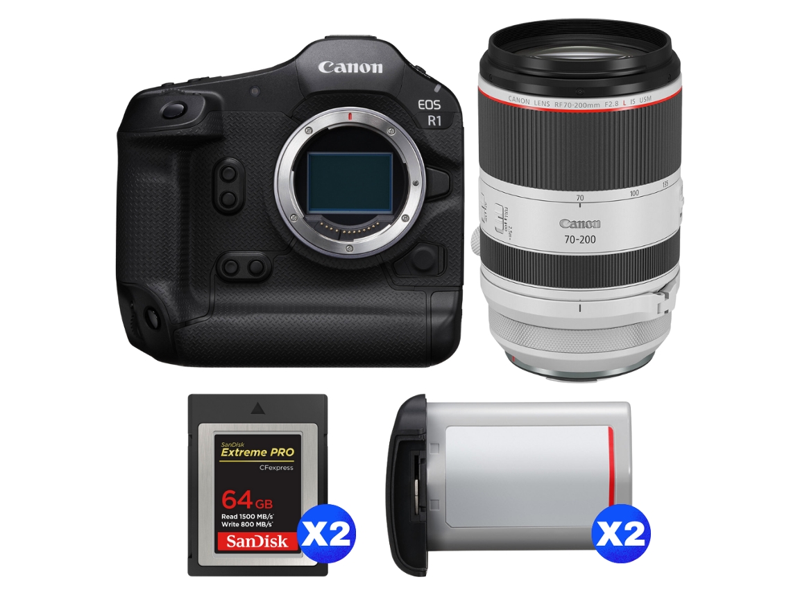 Eos R1 + Rf 70 200mm F/2.8 L Is Usm + 2 Sandisk 64gb Extreme Pro Cfexpress Type B + 2 Canon Lp e19 + Ebook Pricedirect CANON