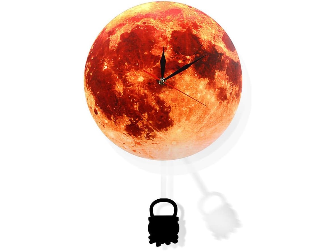 Relógio De Parede Geeky Days Supermoon Pêndulo Escuro, Design De Lua Dourada E Pêndulo Dourado