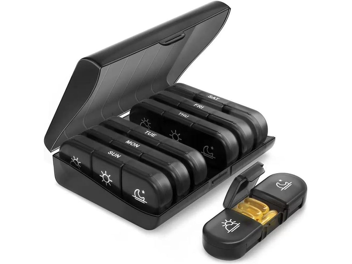 Caixa Comprimidos Com Divisórias – Organizador 21 Compartimentos – Caixa Diária Removível – Pp – Preto – 15,7x11,8x4 Cm
