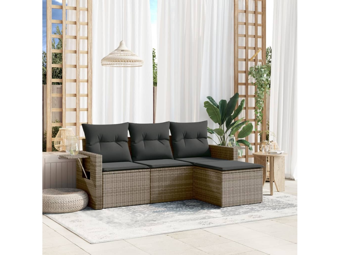 Vidaxl 4 Pcs Conjunto Sofás De Jardim C/ Almofadões Vime Pe Cinzento