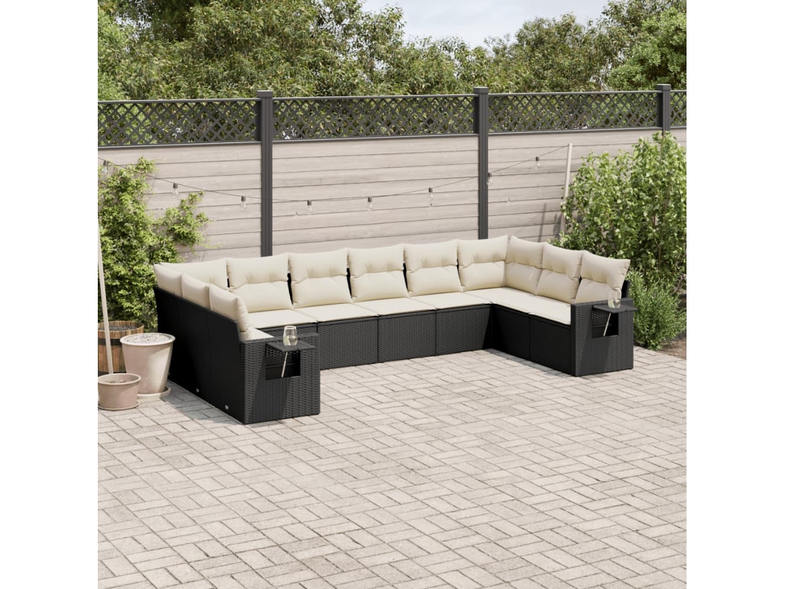 Vidaxl 10 Pcs Conjunto Sofás De Jardim C/ Almofadões Vime Pe Preto