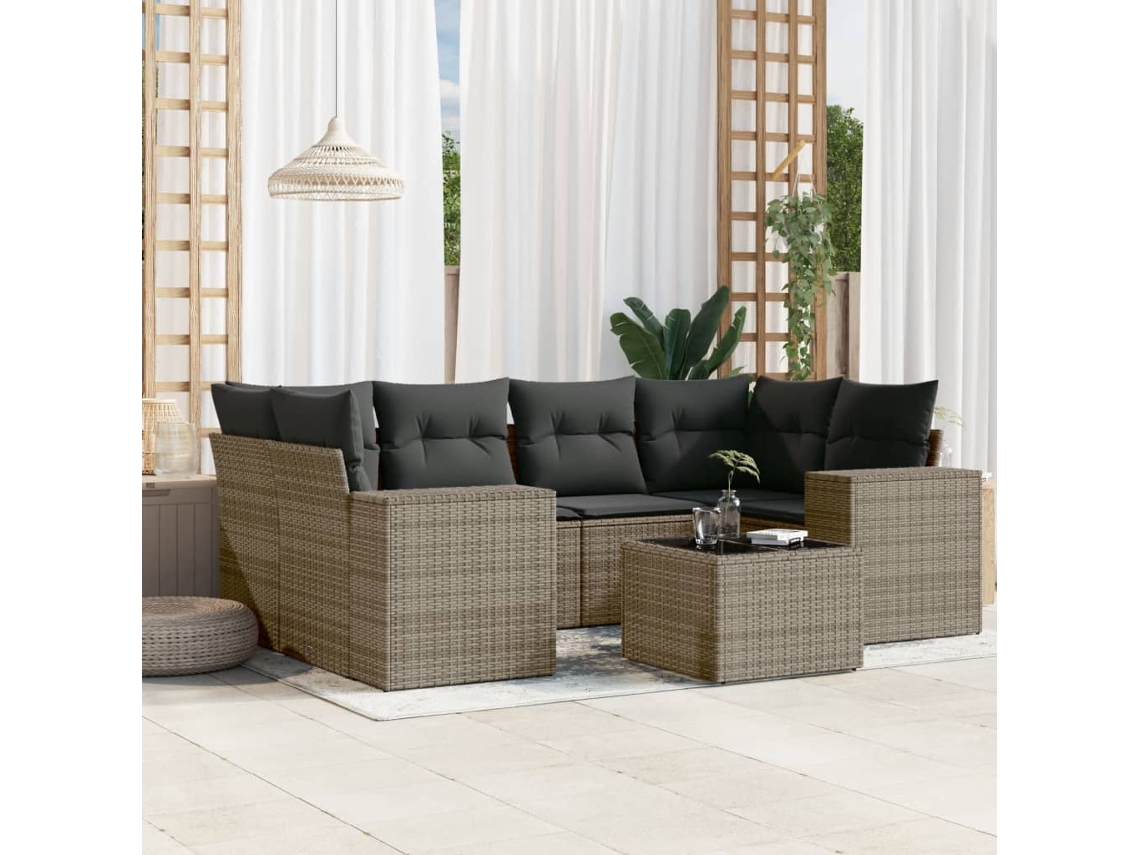 Vidaxl 7 Pcs Conjunto Sofás P/ Jardim C/ Almofadões Vime Pe Cinzento