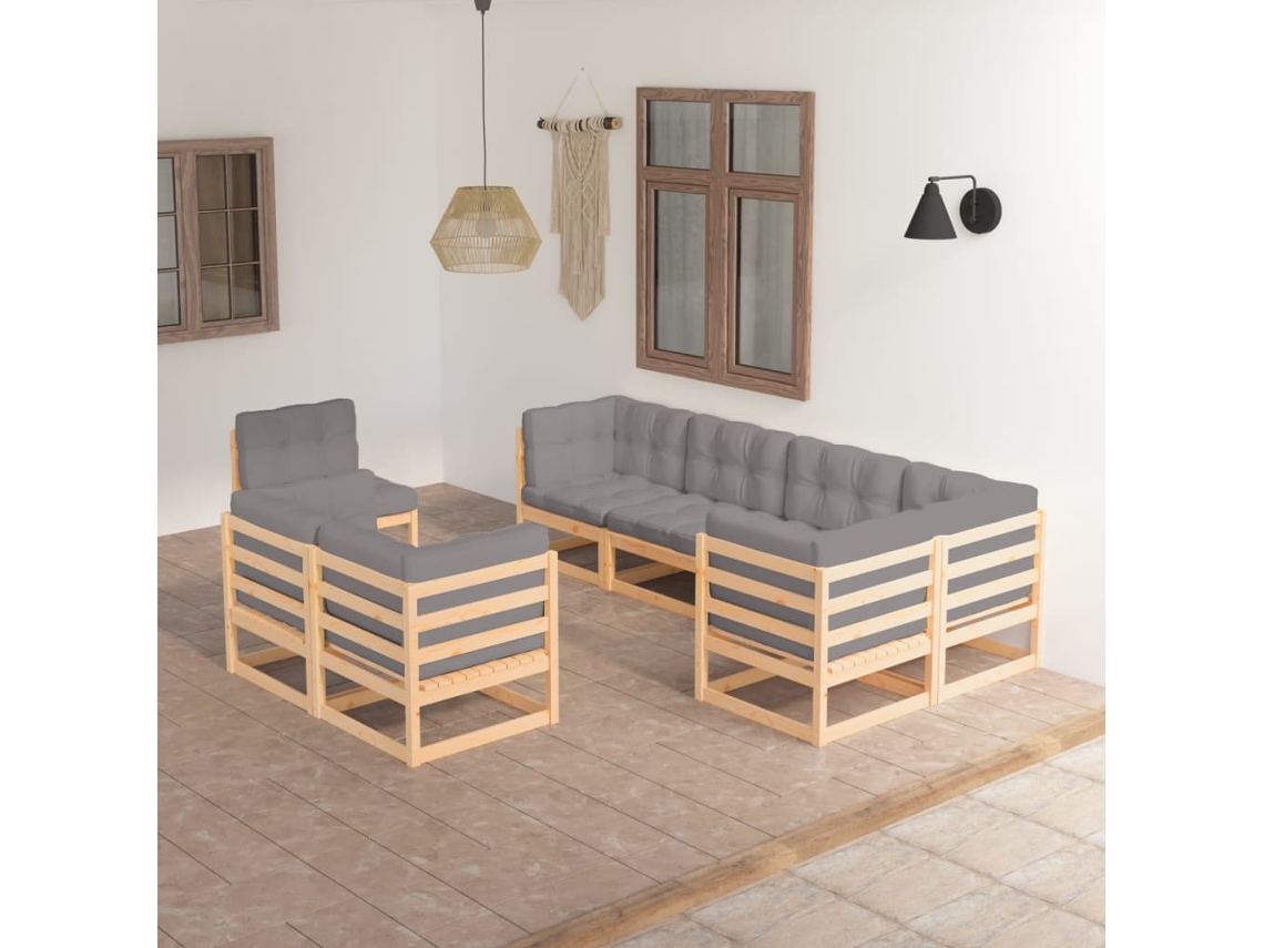 Vidaxl 8 Pcs Conjunto Lounge De Jardim C/ Almofadões Pinho Maciço