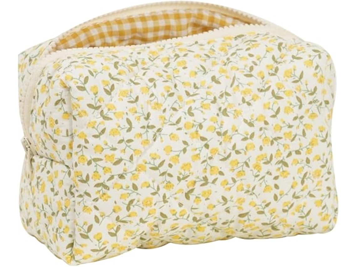 Bolsa de Maquiagem Acolchoada Tecido de Algodão Macio Espacial Forro Quadriculado Impressão Floral Amarela ZYBLSSBB