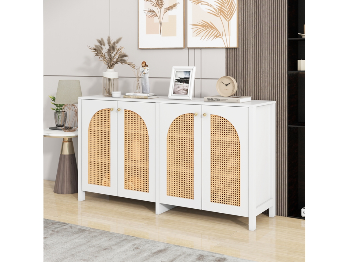 Aparador Minimalista Branco, 4 Portas Camaret, Alça Metal, Buffet Simples. Cs