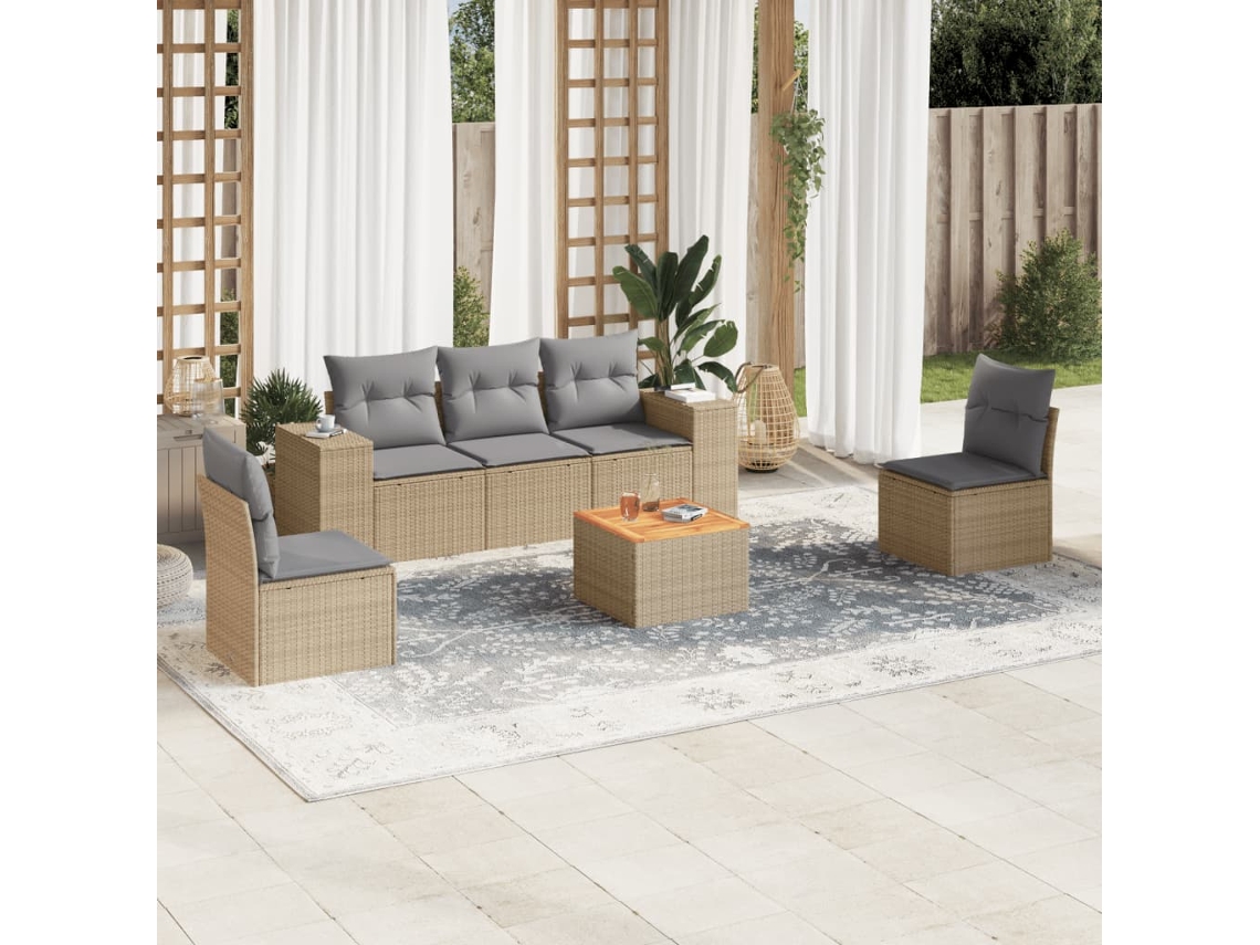 Vidaxl 6 Pcs Conjunto De Sofás P/ Jardim Com Almofadões Vime Pe Bege