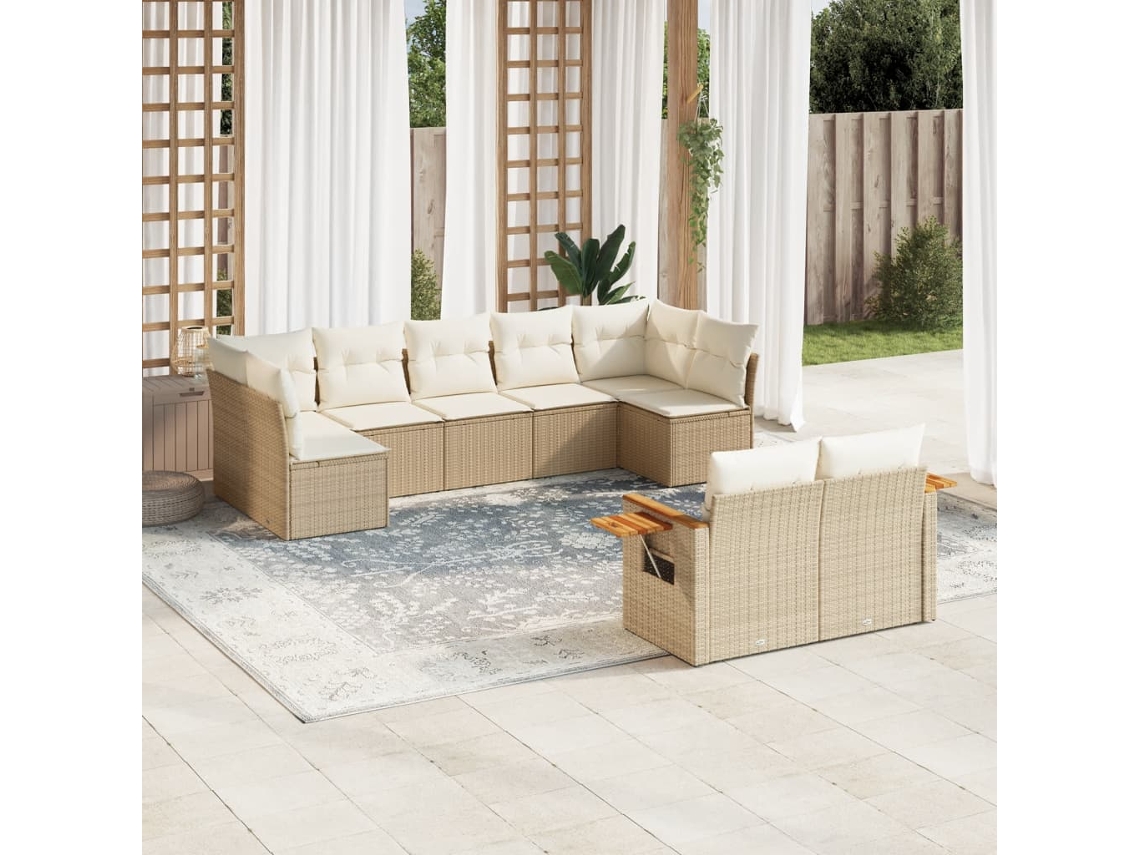 Vidaxl 9 Pcs Conjunto De Sofás P/ Jardim Com Almofadões Vime Pe Bege