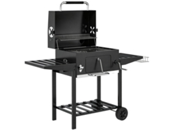 Barbecue A Carvão Com Bandeja Ajustável, Prateleiras Dobráveis, Rodas, Termómetro, Tampa, Chaminé, Ventilação E Cesto