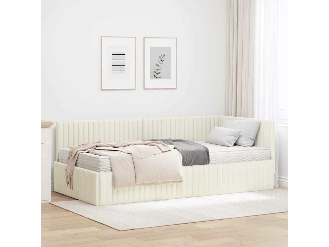 Vidaxl Estrutura De Cama De Canto Com Colchão 2 Pcs Creme Veludo