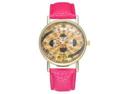Relógio de pulso de quartzo com pulseira de PU, mostrador redondo com padrão espacial, cor vermelho rosado.