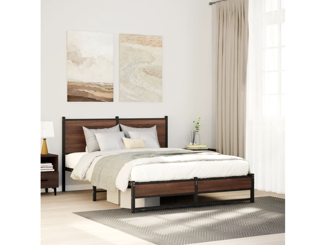 Vidaxl Estrutura De Cama Sem Colchão 140x200cm Metal Carvalho Castanho