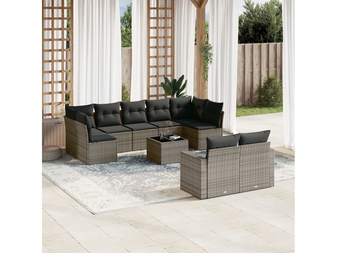 Vidaxl 10 Pcs Conjunto Sofás De Jardim C/ Almofadões Vime Pe Cinzento