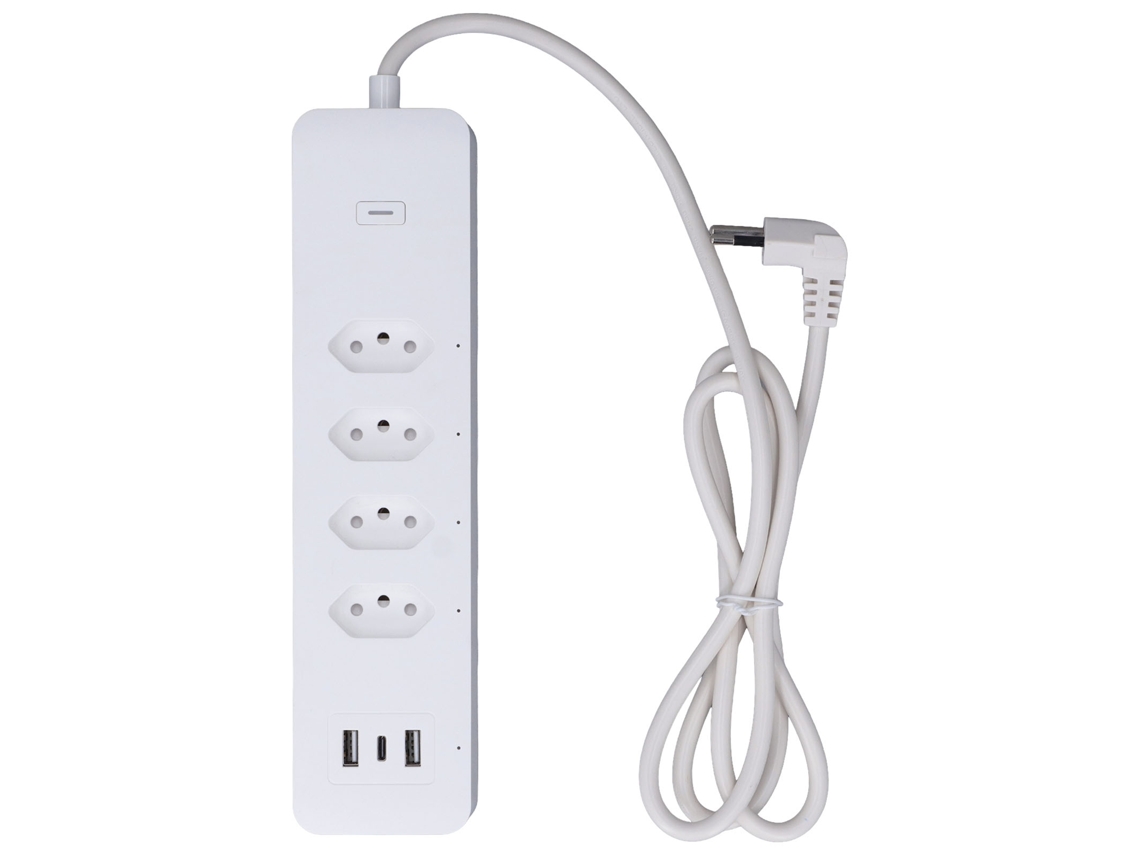 Filtro de linha inteligente WiFi Tuya com 4 tomadas individuais, 2 portas USB e 1 tipo C, 10A, 250V, plugue brasileiro