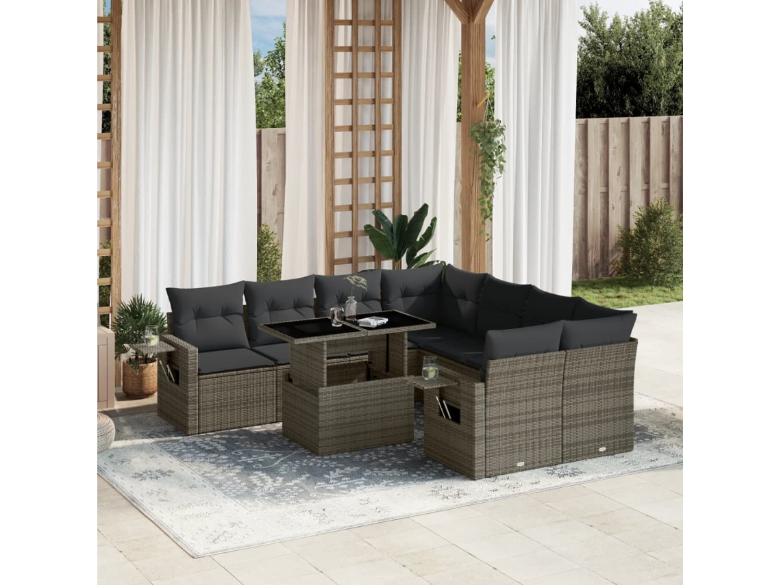 Vidaxl 9 Pcs Conjunto Sofás P/ Jardim Com Almofadões Vime Pe Cinzento