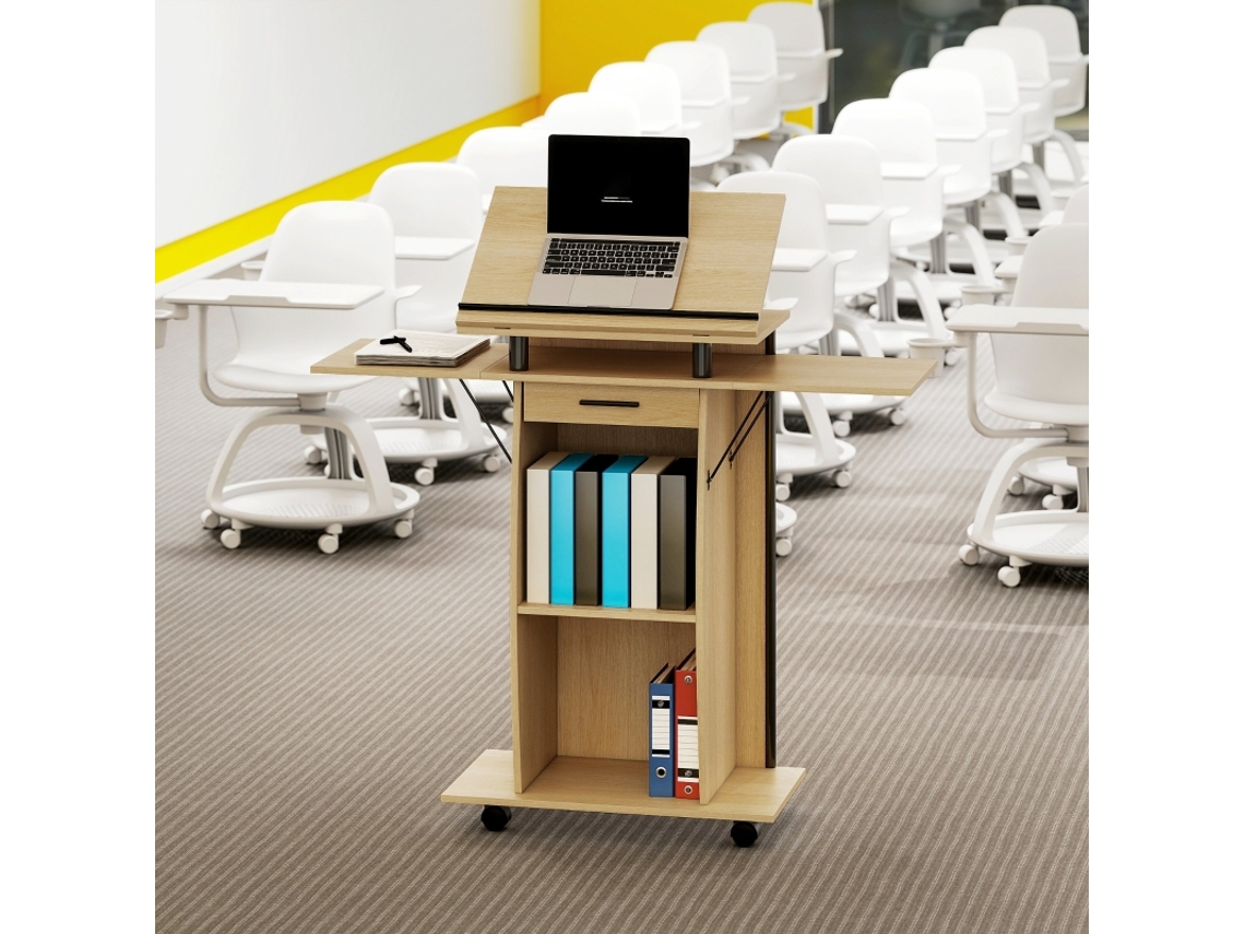 Suporte De Pódio Com Rodas, Púlpito Com Abas Laterais Rebatíveis, Mesa Para Notebook Com Gaveta E Prateleiras, Acabamento Em Carvalho. Sini Tech Store