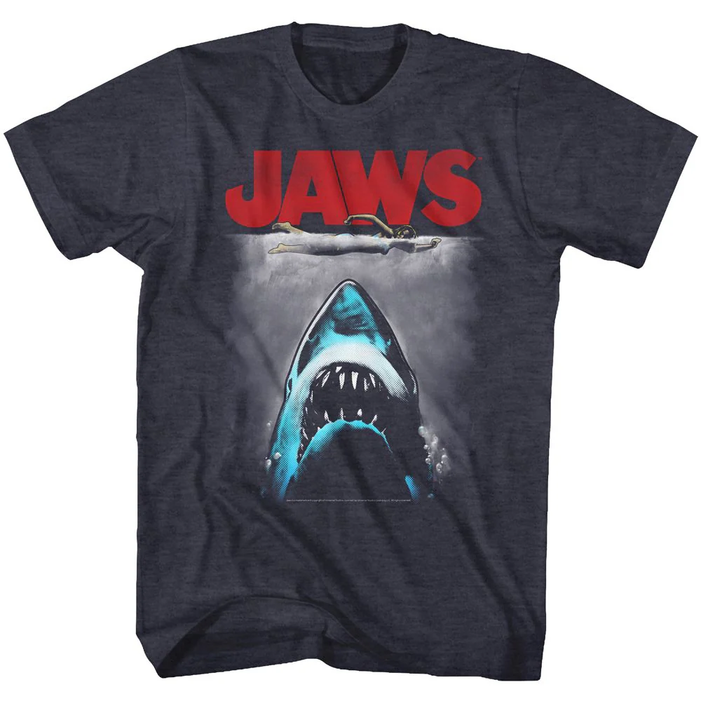 Unisex Adult T-shirt Rockinstone Jaws Movie Red Logo Heather Navy Sizes