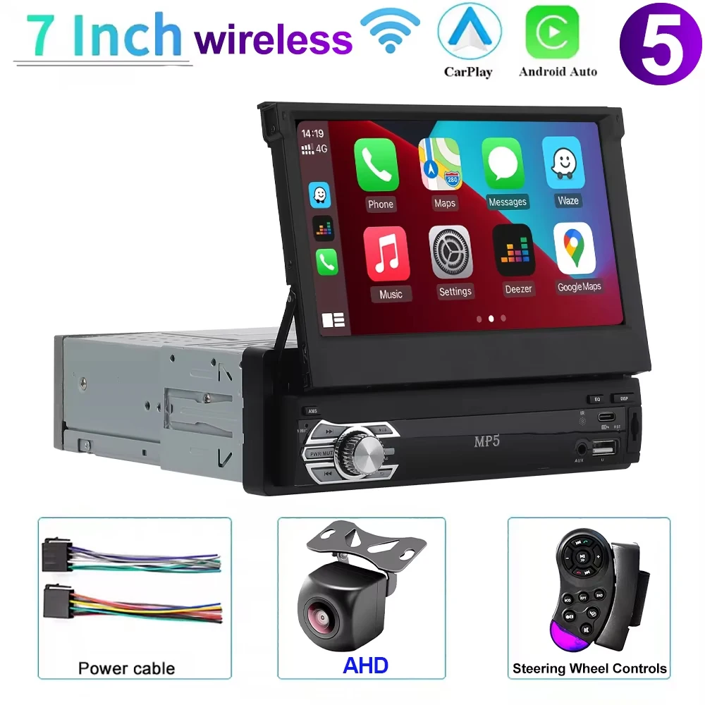 Sistema Multimídia Automotivo Single Din (sem Fio) Com Tela Sensível Ao Toque Retrátil De 7 Polegadas Compatível Com Carplay.