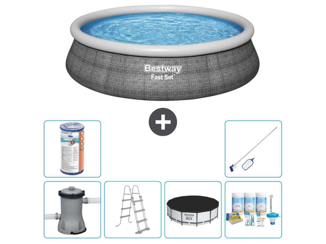 Piscina Inflável Redonda BESTWAY de Conjunto Rápido Estampa de Rattan 457 X 107 Cm Incluindo Bomba Escada Acessórios Cb24