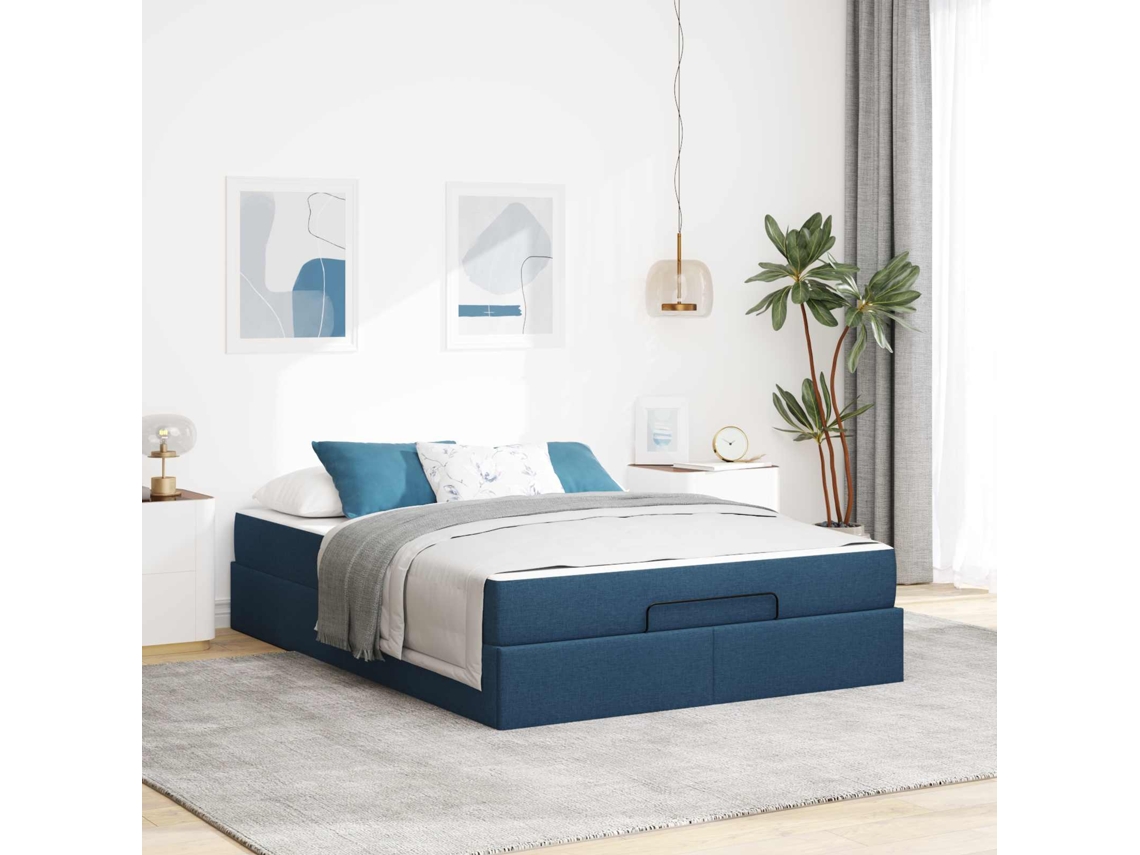 Vidaxl Estrutura de Cama com Colchão 2 Pcs Azul Tecido