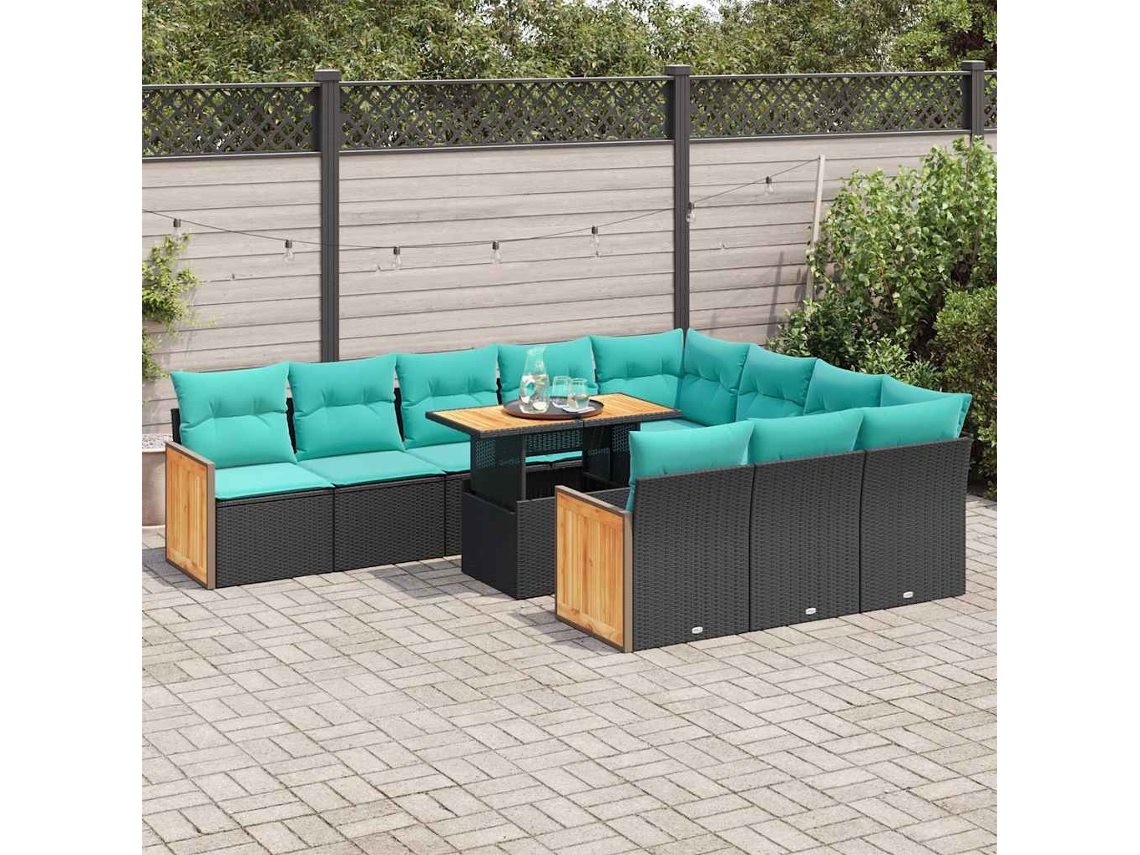 Vidaxl 11 Pcs Conjunto Sofás Jardim C/ Almofadões Vime Pe/acácia Preto