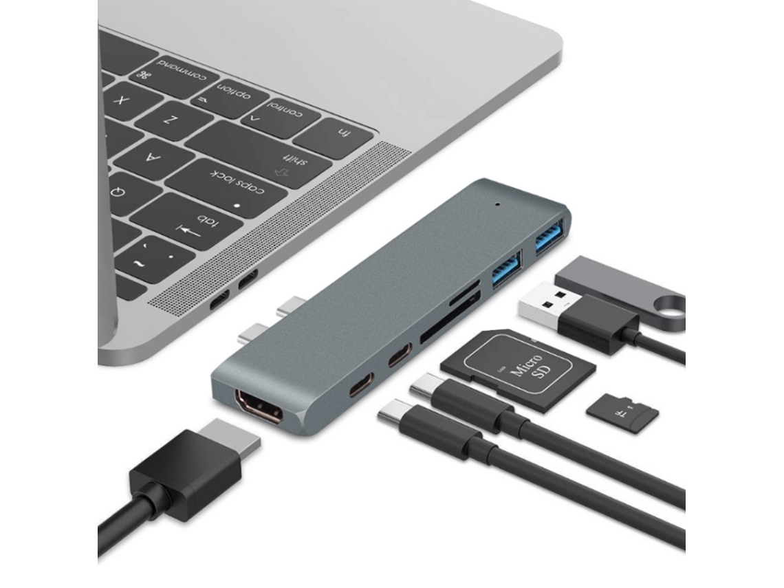 Conversor 7 em 1 Usb 3.1 para 20v Pd + Leitor de Cartões + Hub + Hdmi 4k , 100w, 40gbps, Liga de Alumínio magnésio AQUAFORGE (cinza)