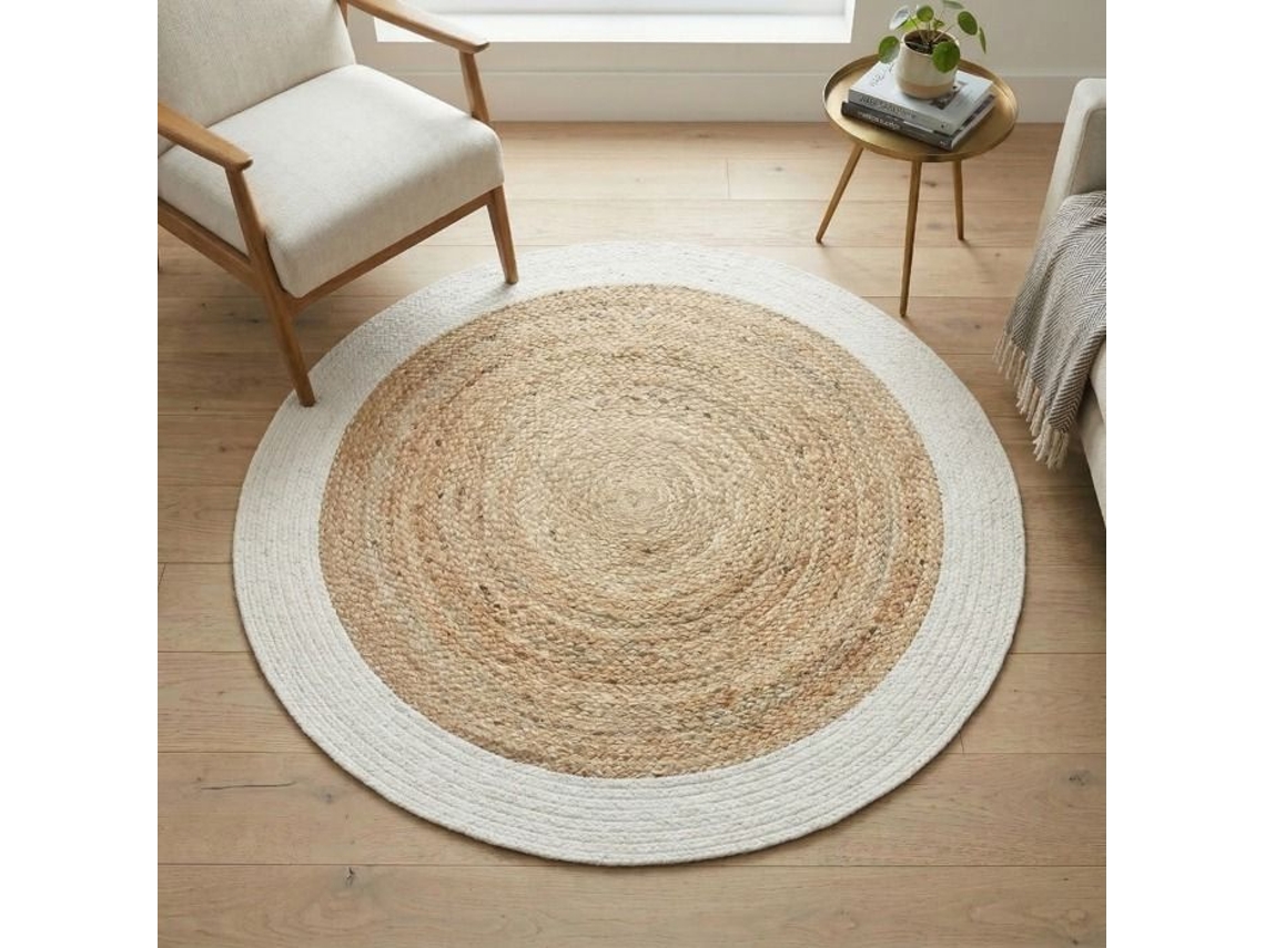 Tapete - A Fábrica De Decoração - Ronda Engraçada De Juta - Juta/algodão - Ø120 Cm - Faixa Branca