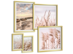 Composição De Quadros Paisagens De Montanha Com Água, Céu Moldura Dourada Quadros Para O Escritório Espelharte (conjunto De 5 Imagens)