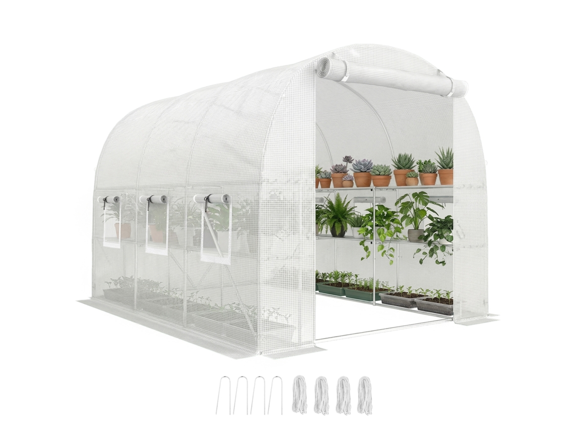 Estufa de Filme 2,7x2x2 m com prateleiras porta com zíper 6 janelas de rede e hastes de suporte