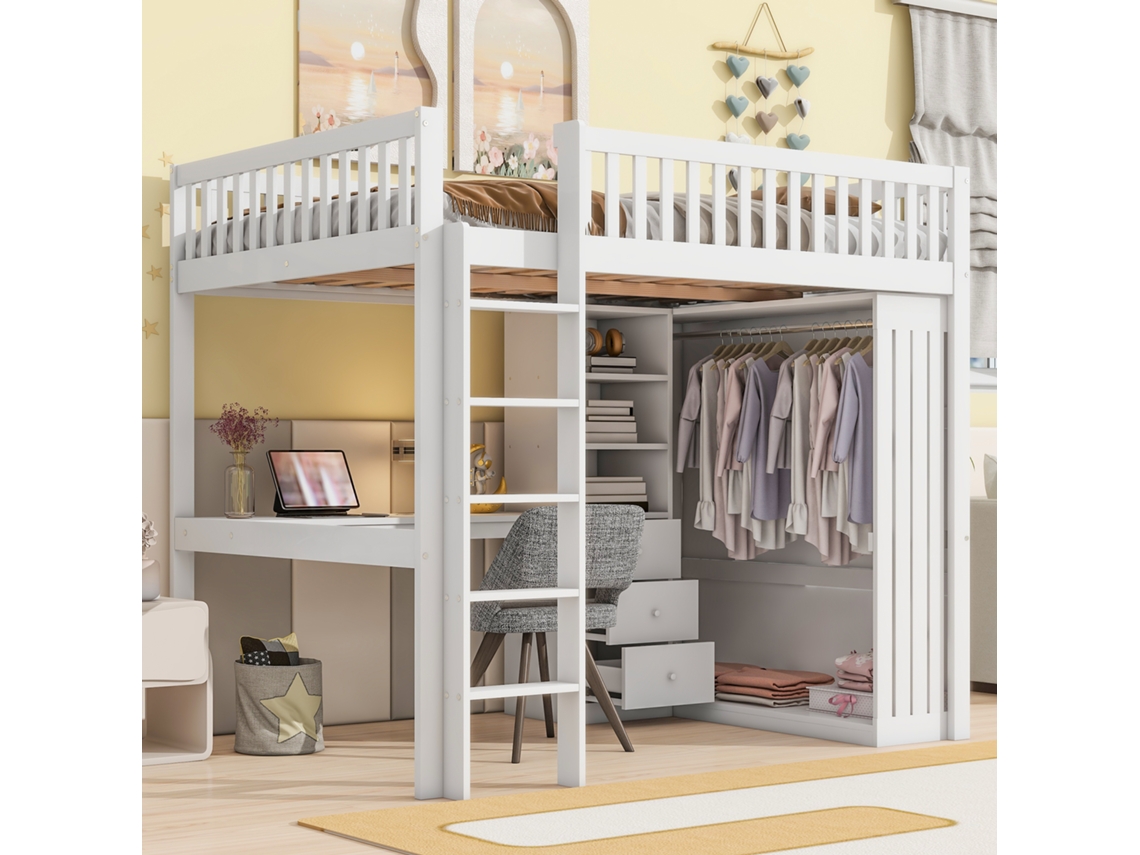 Cama Alta, 140*200cm, Secretária, Arrumação de Roupa, 3 Gavetas, Arrumação Aberta, Corrimão, Escada, Sem Colchão.