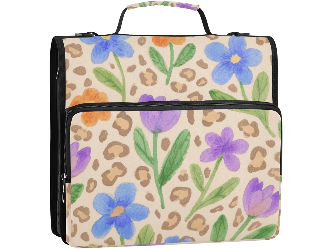 Organizador de Documentos 3,8 Cm com Alça e Ombro Removível Estampa Leopardo 3 Argolas Marrom Resistente