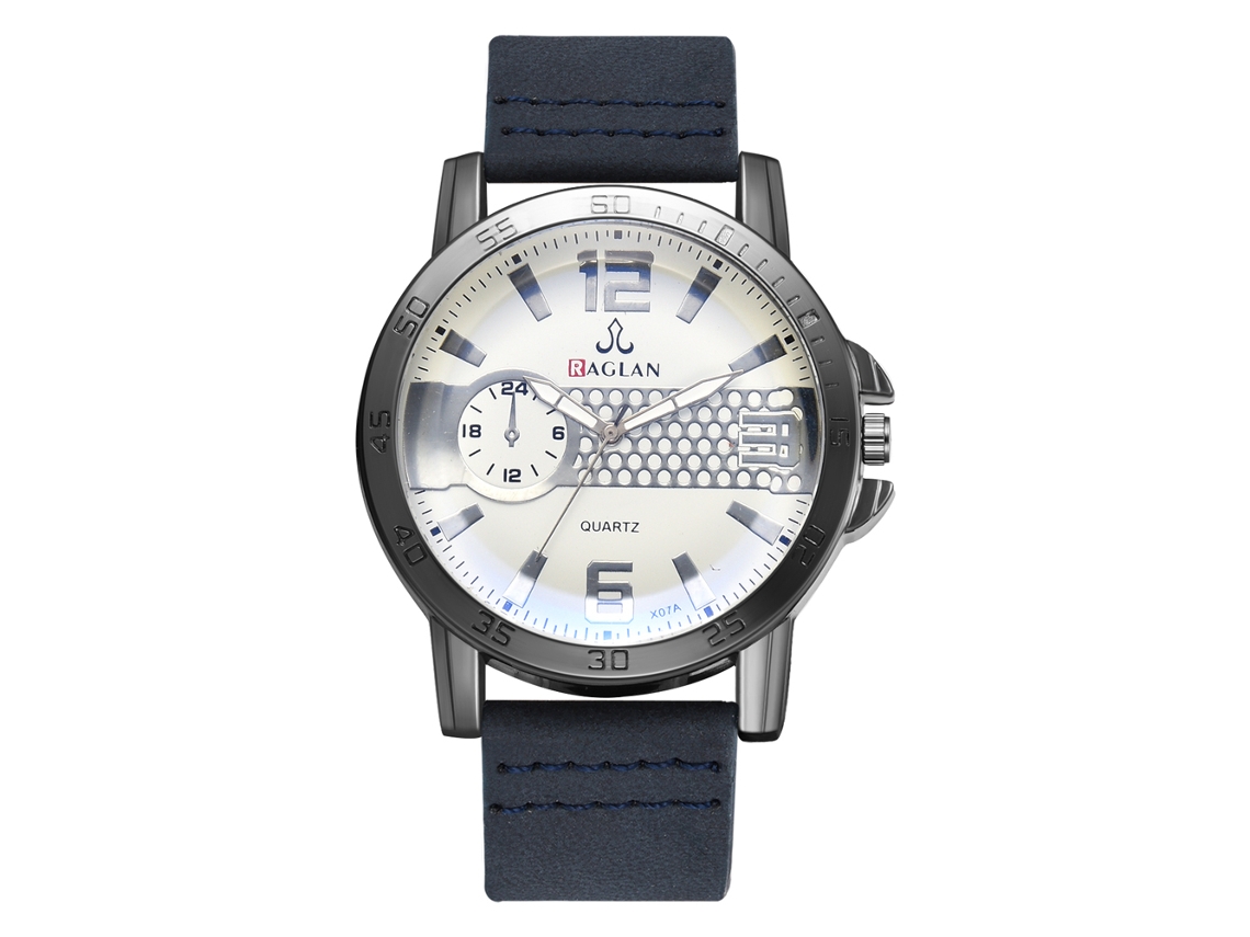 Reloj De Cuarzo Para Hombre Con Correa De Cuero Pu, Dial Doble, Diseño De Escala (azul)