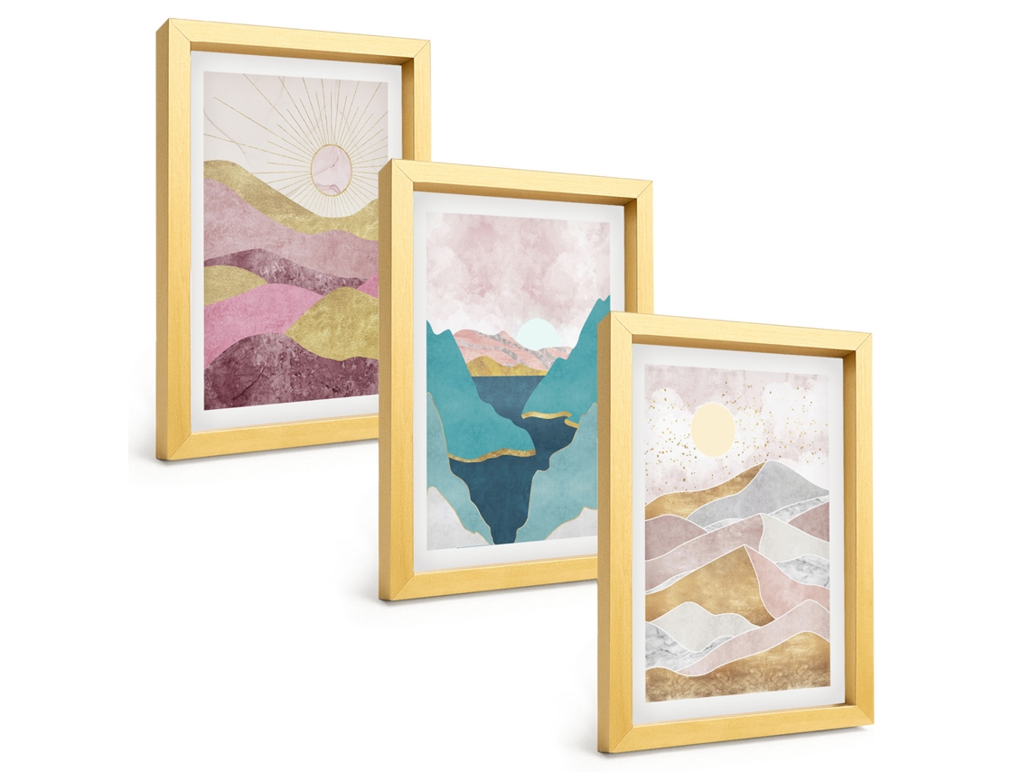 Composição De Quadros Montanhas Abstratas, Sol Espelharte (3 Peças 20x30 Cm)