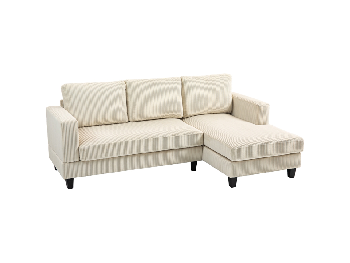 Sofá Chaise Longue De 3 Lugares Em L Estofado Em Veludo Assento E Encosto Almofadados 214x134x87 Cm Bege