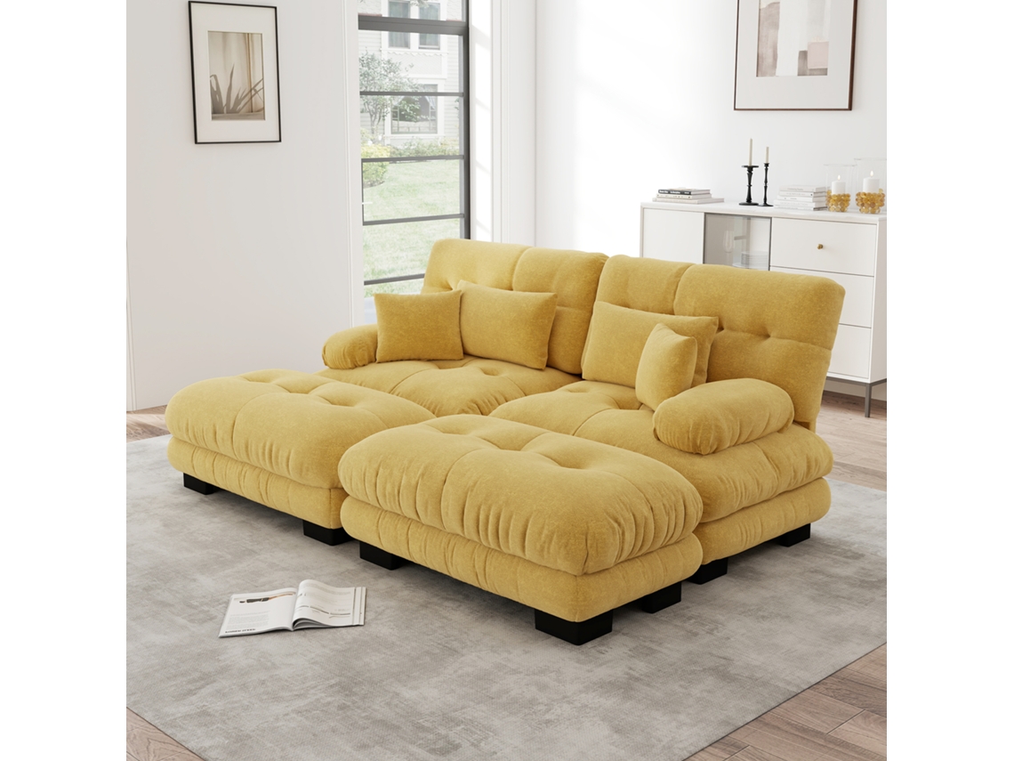 Sofá Cloud Em Chenille Amarelo Com 2 Ottomans E Almofadas Lombares