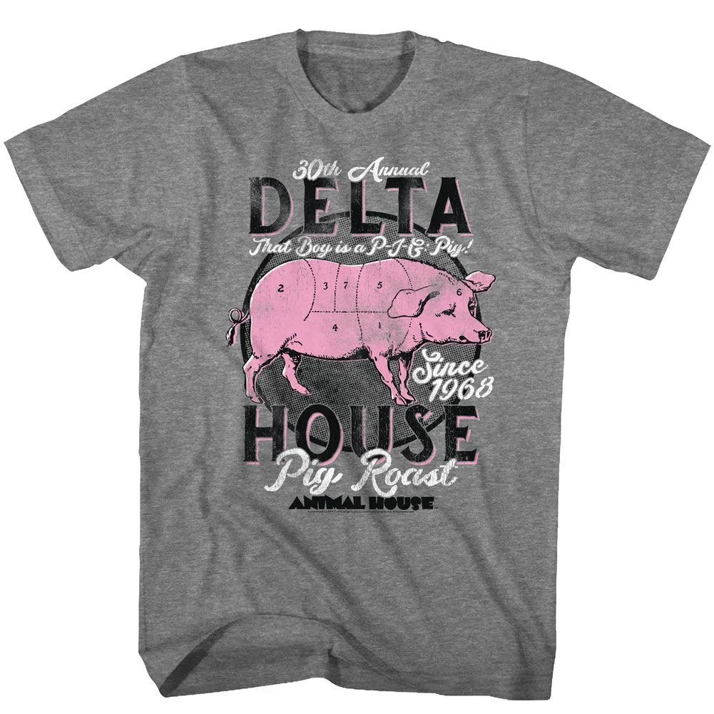 Rockinstone Animal House Movie Pig Roast Heather Graphite Adult T-shirt Size:s