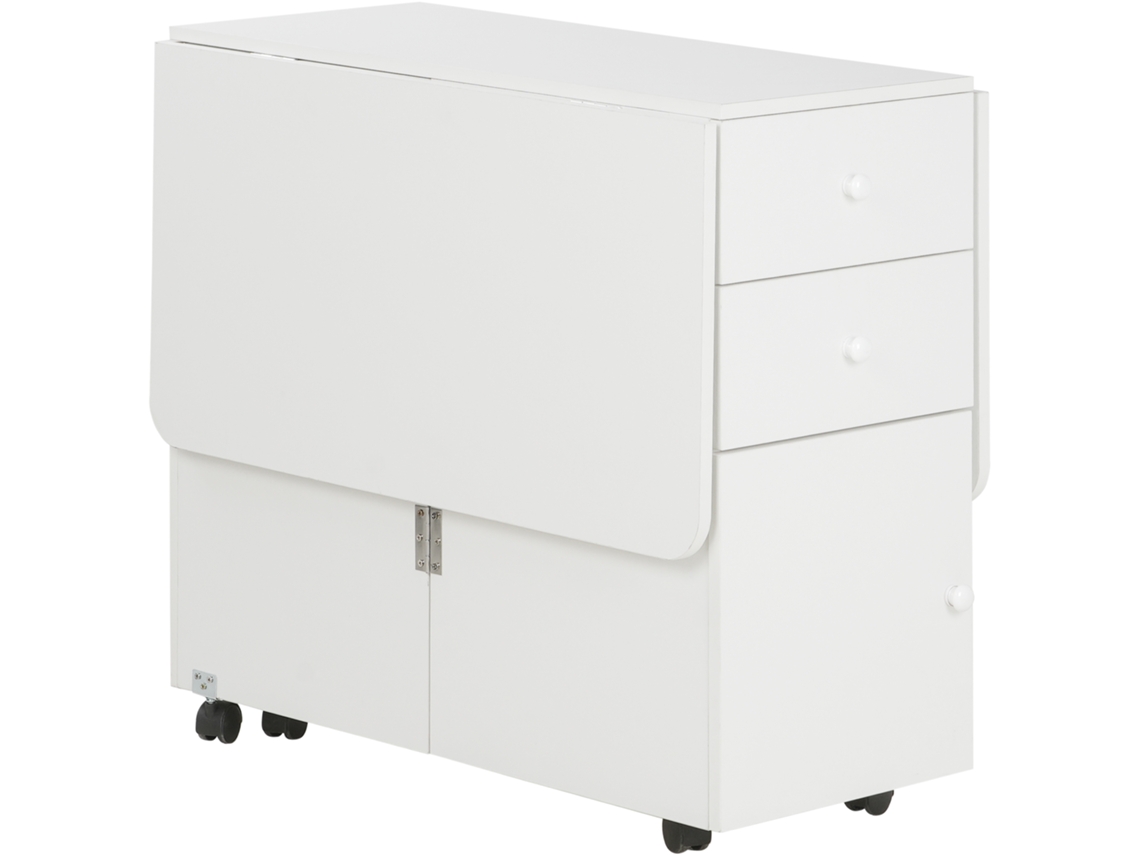 Mesa De Cozinha Dobrável Com Laterais 6 Rodas E 2 Gavetas De Armazenamento 120x80x75 Cm Branco