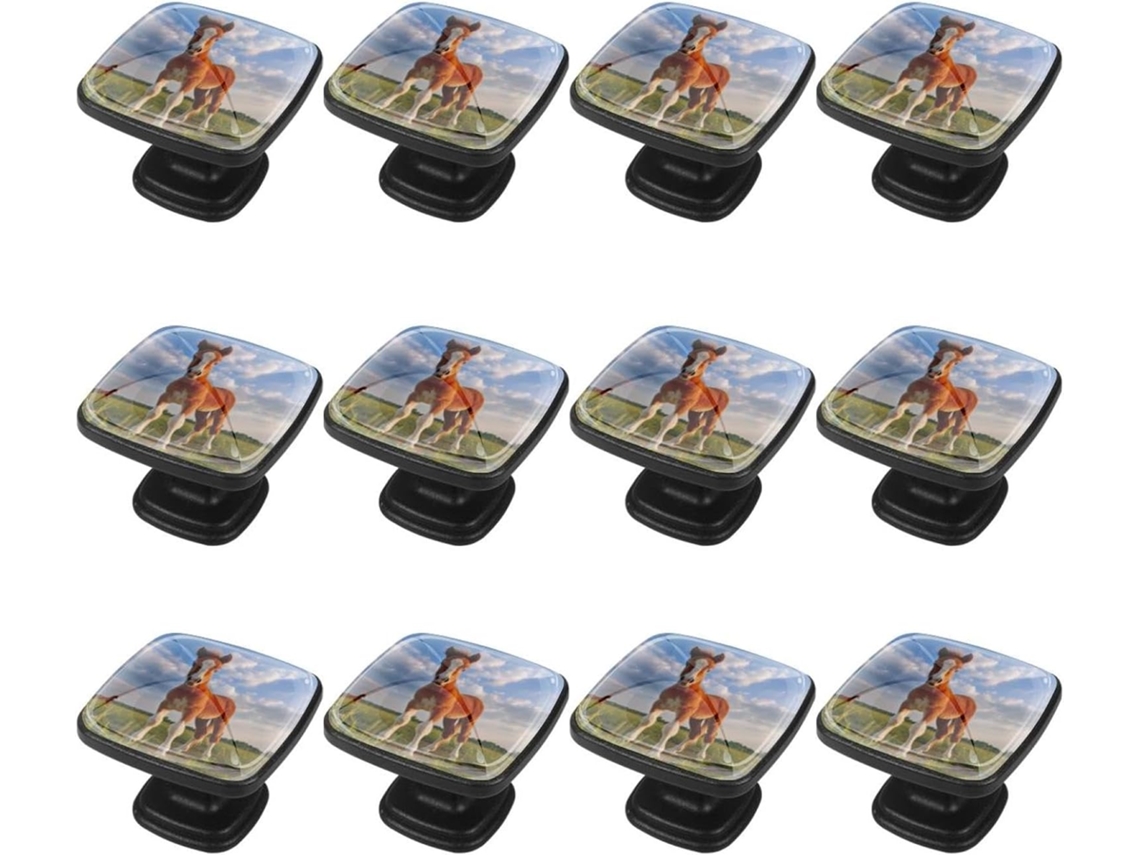 Puxadores E Botões Quadrados Para Gavetas Armários, Conjunto De 12 Peças, Estampa De Grama E Cavalo Azul Celeste
