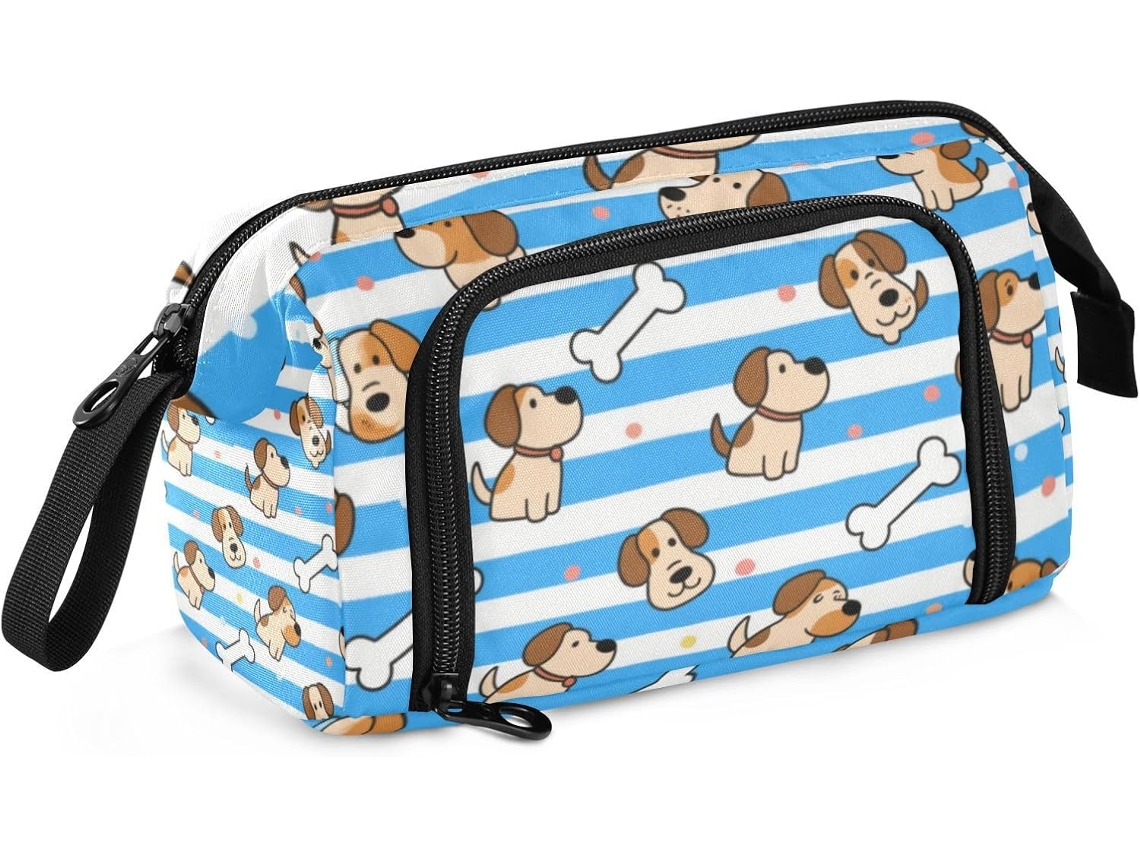 Estojo Grande para Lápis com Zíper e Compartimento Homens, Estampa de Osso Cachorro, Azul/branco. 24 X 9,5 15