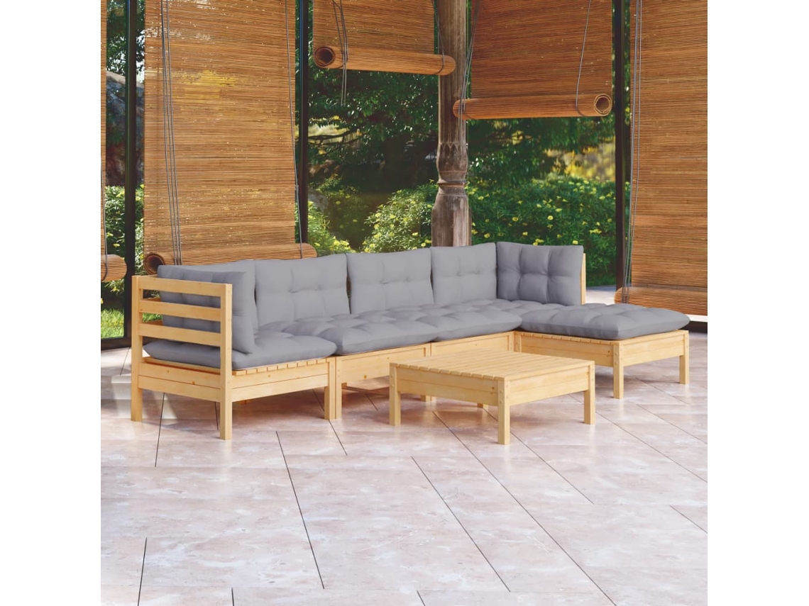 Vidaxl 6 Pcs Conjunto Lounge De Jardim C/ Almofadões Cinza Pinho