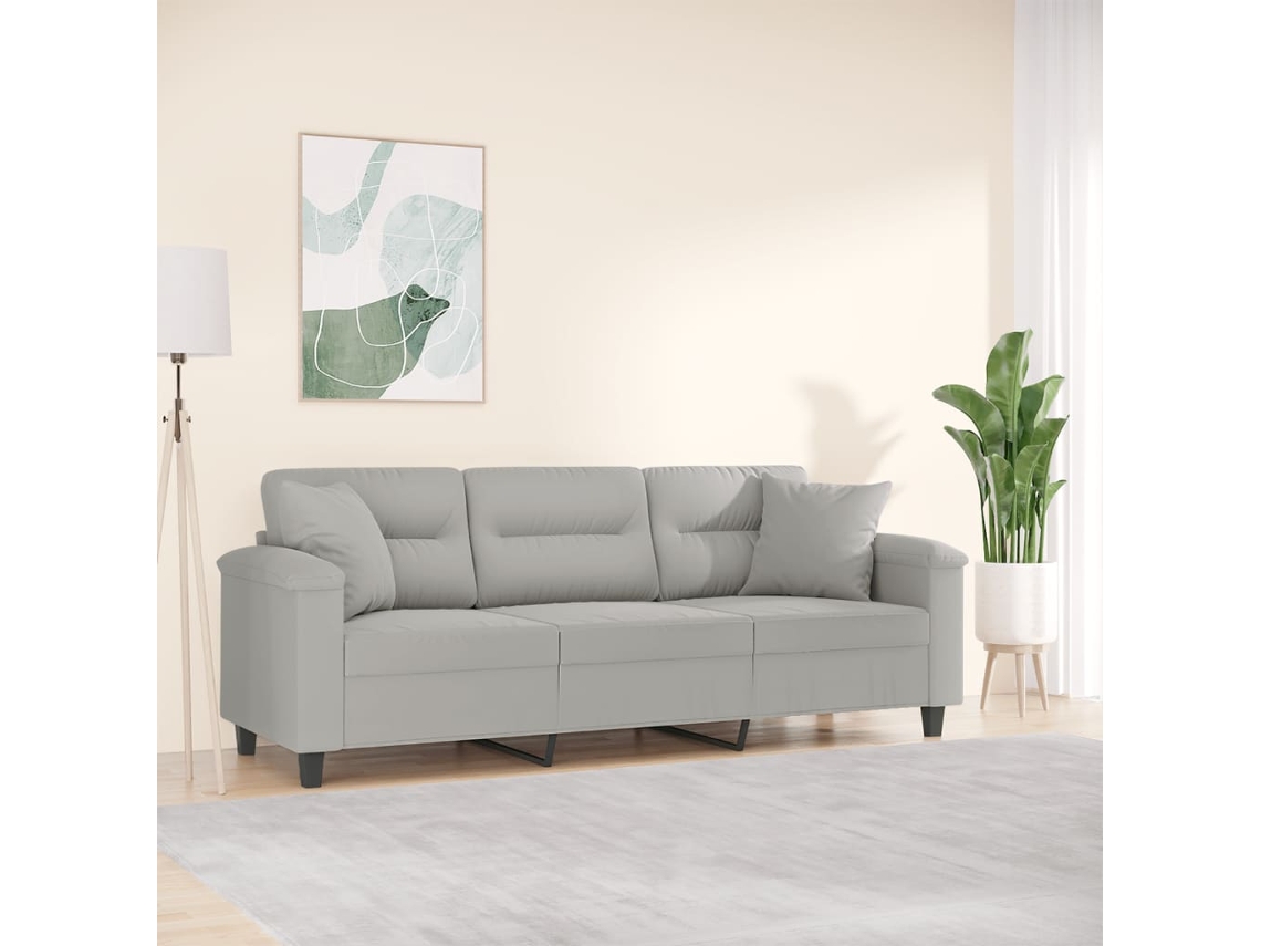Vidaxl Sofá 3 Lugares C/ Almofadas 180 Cm Microfibra Cinzento-claro