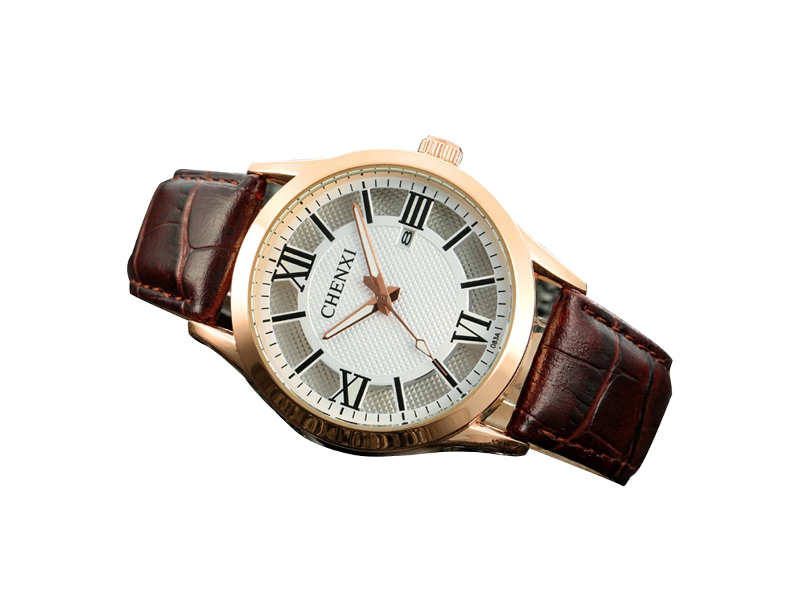 Reloj De Pulsera De Aleación Con Esfera Redonda Analógica Y Correa De Cuero Pu (oro Blanco)