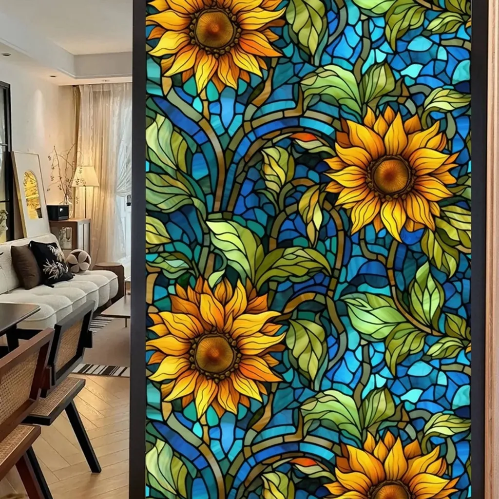 Película Para Janela Com Estampa De Girassol Em Vitral, 45* 100cm, Película De Privacidade, Adesivos Para Janela Diy, Película Para Vidro