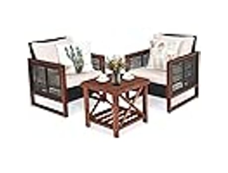Conjunto de Mobiliário de Jardim de Vime com 3 Peças Mesa de Centro em Madeira de Acácia e 2 Cadeiras de Vime Pe Terraço Pátio Pátio COSTWAY