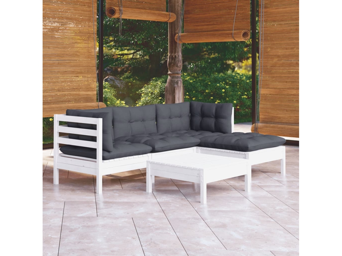 Vidaxl 5 Pcs Conjunto Lounge De Jardim C/ Almofadões Pinho Branco