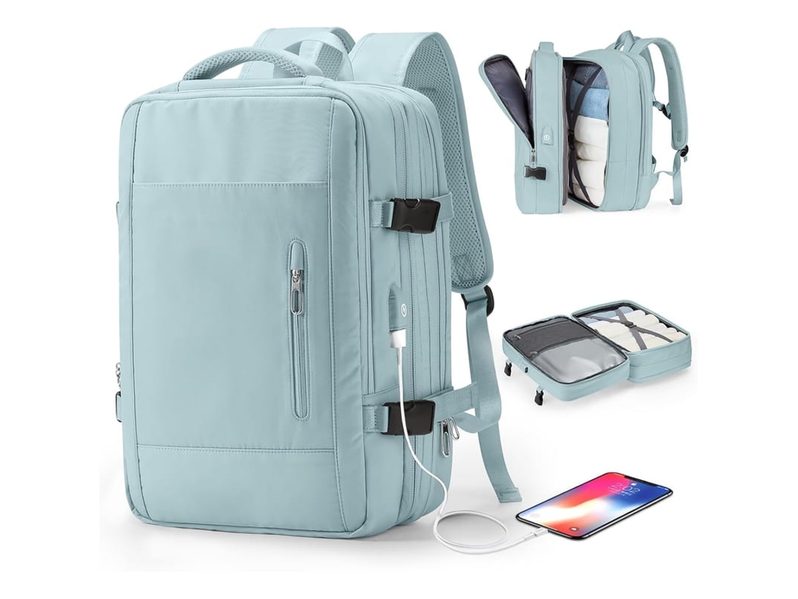 Mochila De Viagem Para Notebook Grande Para Mulheres Aprovada Em Vôos Com Porta De Carregamento Usb Expandível Azul