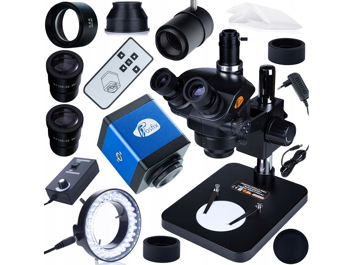 Microscópio trinocular 7–45x – Zoom óptico | Encaixe tipo C | Inspeção eletrônica
