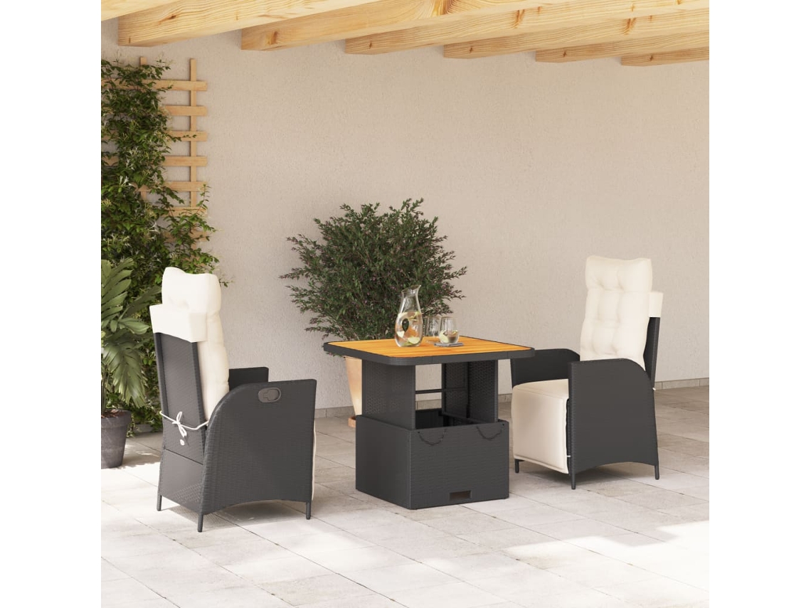 Vidaxl 3 Pcs Conjunto De Jantar P/ Jardim C/ Almofadões Vime Pe Preto