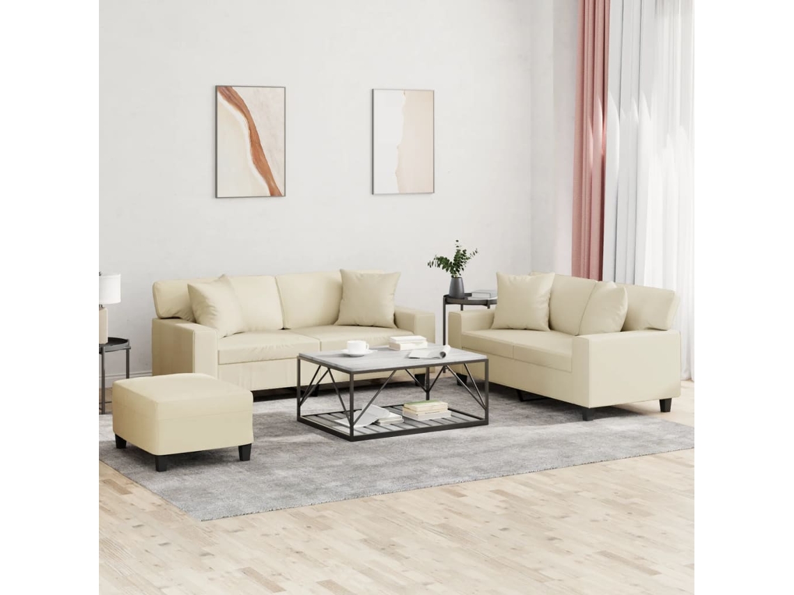 Vidaxl 3 Pcs Conjunto De Sofás Com Almofadas Couro Artificial Creme