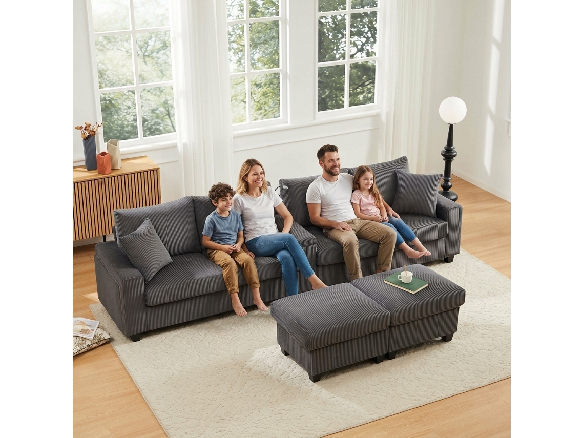 Sofá Em U Com 2 Otomanas, Lâmpada De Leitura, Bandeja, Porta-copos, Usb/type-c, Luzes Led, Cinza, 334x128,5x81 Cm