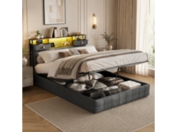 Cama Estofada 140x200 Cm, Com Espaço De Arrumação, Iluminação Led E Posto De Carregamento, Cómoda Hidráulica, Com Gaveta Na Cama, Cinza, Mexus